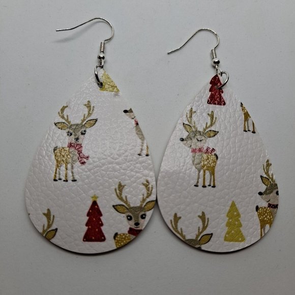 Reindeer Christmas Earrings Teardrop Hook Faux Leather White Tan Red OPTION 1 - Picture 2 of 4